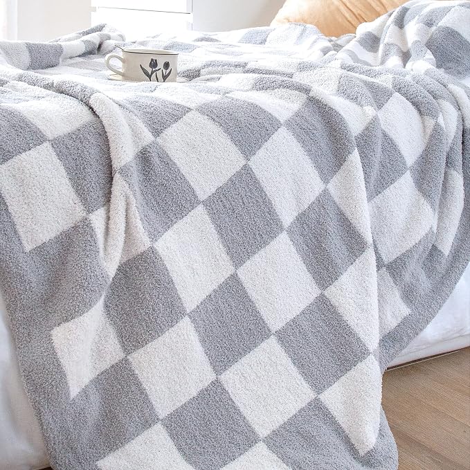 SeaRoomy Fuzzy Checkered Throw Blanket for Couch,Light Grey 60"X79" | Warm,Cozy,Fluffy,Lightweight,Gift for Women Couch Sofa Bed Room Decor