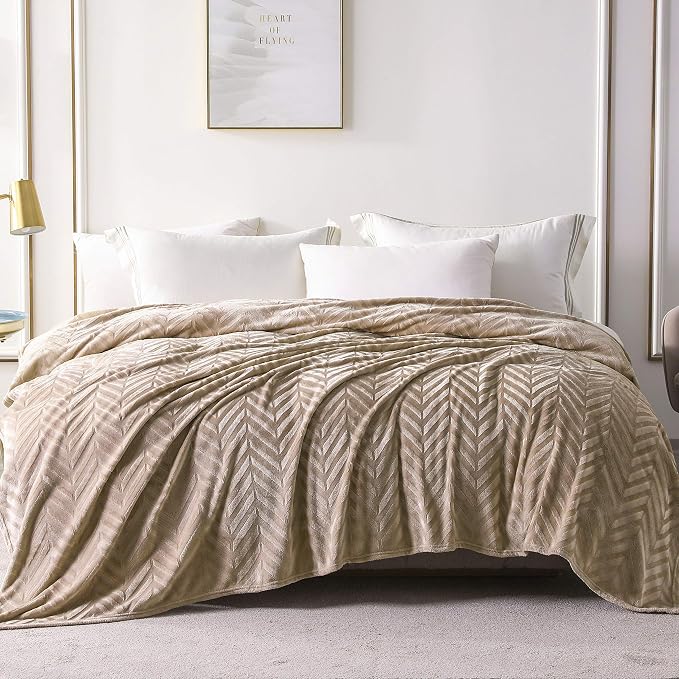 Whale Flotilla Flannel Fleece Bed Blanket Twin Size, Champagne | Lightweight Breathable Soft Bedspread, Plush Fluffy Coverlet Chevron Design Decorative Blanket for All Season, 60x80 Inch
