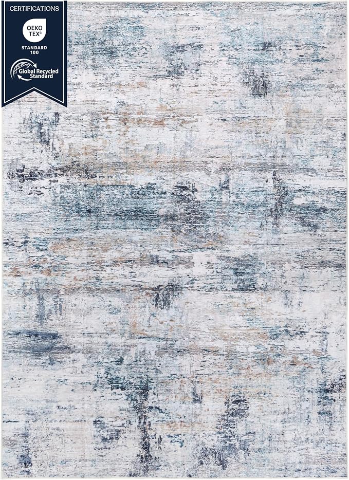 Machine Washable Area Rug, Soft & Durable, Non-Slip, Stain Resistant Rug for Bedroom, Living Room, Dining Room, High Traffic Areas. (Blue/White Abstract, 9' X 12')