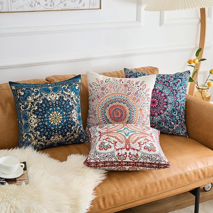 Boho Throw Pillow Covers 20X20 Inch Set of 4 Farmhouse Decorative Couch Pillow Cases Vintage Floral Pillows for Sofa Living Room Bedroom Summer Outdoor Patio Porch
