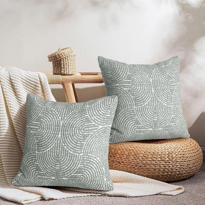 AELS Boho Decorative Textured Throw Pillow Covers 18x18, Organic Modern Mid Century Rainbow Tufted Pillow Case, Farmhouse Rustic Geometric Woven Cushion Case for Bed Couch Sofa, Slate Pale Blue Gray