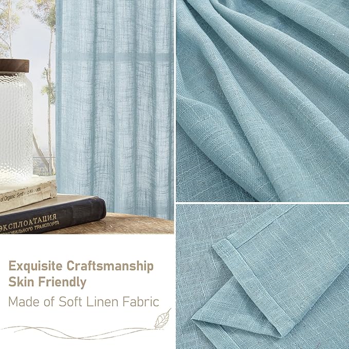40 Inch Length Linen Curtains for Small Windows Over Silk 2 Panels | Semi Sheer, Light Filtering Panels, Country Decor Drapes for Kitchen, Rod Pocket Back Tab, Stone Blue, 34 x 40 Inch