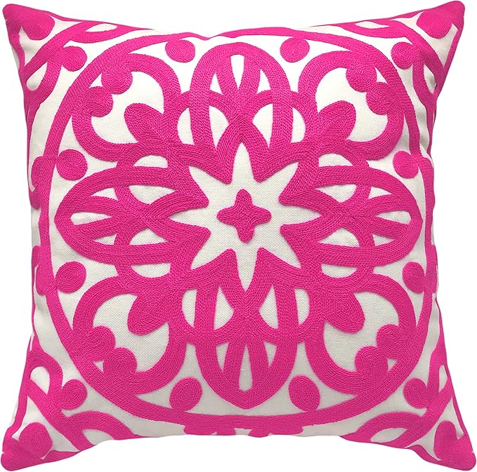 Alysheer Embroidered Decorative Throw Pillow Cover 20"x 20", Boho Mandala Modern Thick Embroidery Pattern, Durable Cotton Canvas Soft Cushion Case for Sofa Couch Bed Living Room (Bright Hot Pink)