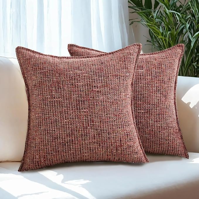 HAUSSY Pack of 2 Chenille Tweed Throw Pillow Covers 12x20 Inch, Burgundy