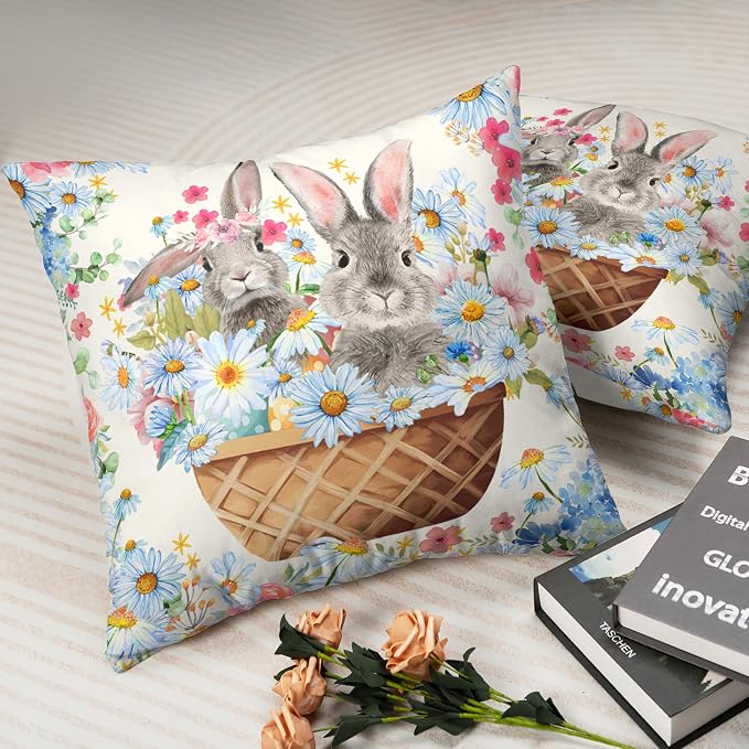Easter Bunny Pillow Covers 24x24 Spring Rabbit Daisy Floral Throw Pillow Covers A Basket Filled with Lovely Bunny and Flowers Pillowcase Cushion Case for Sofa Patio Garden 2 Pack