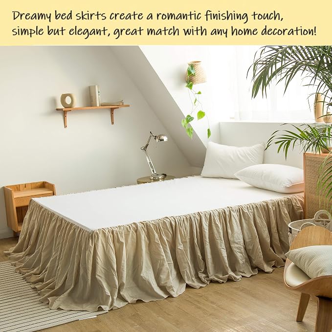 BISELINA French Linen Bed Skirt with Pleated Frills 22-Inch Tailored Drop Natural Flax Cotton Blend Dust Ruffle Soft Cozy Farmhouse Bedding (22" California King, Ruffle Linen)