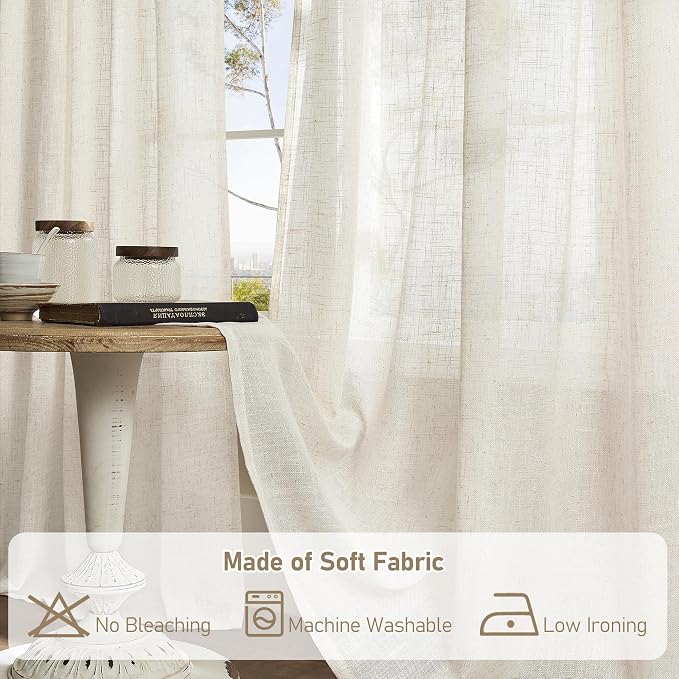 Natural Linen Blended Curtains for Living Room 120 Inch Semi Sheer | Light Filtering, Country Rustic, Curtains for Bedroom, Farmhouse, Rod Pocket Back Tab, 2 Panels,52 x 120 Inch, Natural Ivory