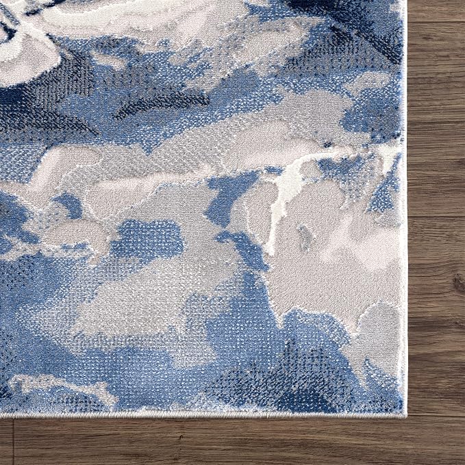 Abani Rugs Contemporary Blue & Grey Marble Ice Design Washable 4’ x 6’ Area Rug - Modern Swirl Watercolor Bedroom Rug