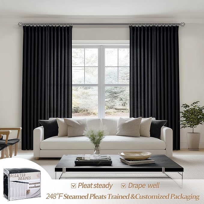 Modern Pinch Pleated Black Curtains for Bedroom 2 Panels Set, Light Filtering Linen Blend Sheer Patio Door Floor to Ceiling Long Curtain Privacy 100-102 Inch Big Drapes with Hooks Rings 40"W x 102"L