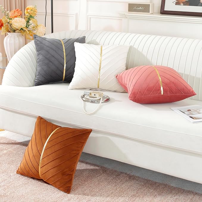 TAOSON Brown Gold Leather Velvet Throw Pillow Covers, 18"x18", Pack of 2 | Gold Leather Decorative, Cushion Cases, Spring Summer, Sofa Couch Living Room Décor