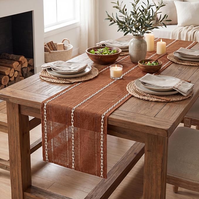 Artoid Mode Caramel Rustic Cotton Linen Table Runner, Seasonal Fall Embroidered Hollow Kitchen Dining Table Decoration for Home Party Decor 13x108 Inch