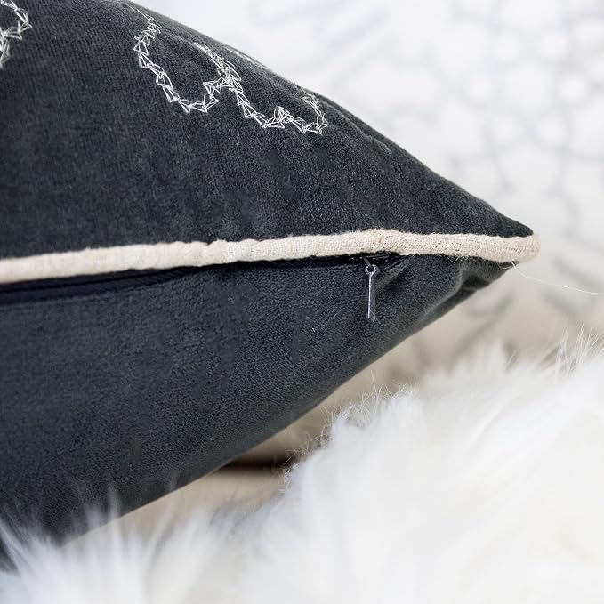 Embroidery Gray Velvet Throw Pillow Cover, Merry Christmas Series Snowflake Luxury Soft Fuzzy Cozy Warm Slik Gift Square Couch Cushion Pillow Case 20 x 20 Inch, Cover Only