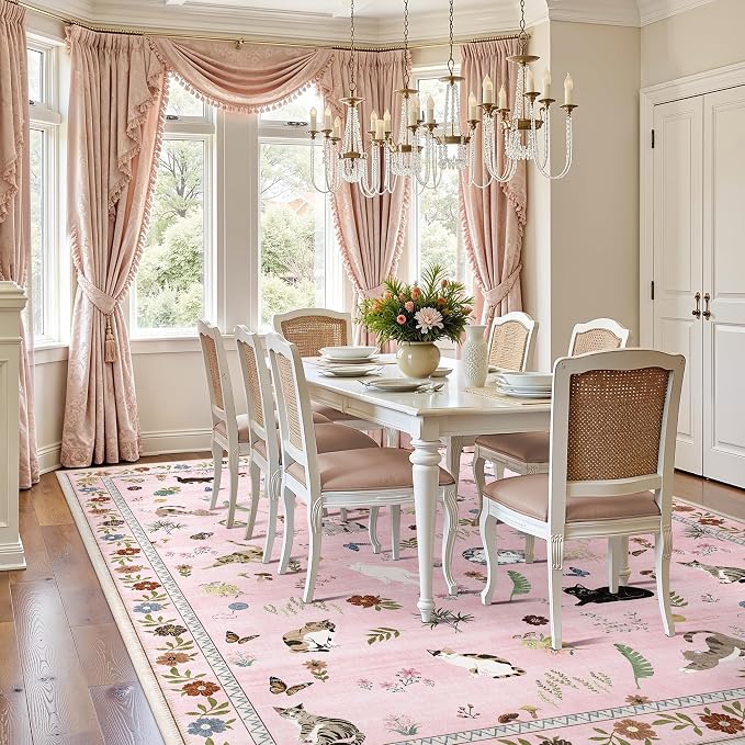 AIMPEAK Pink 9x12 Washable Area Rug - Non Slip Low Pile Cat Floral Boho Vintage Extra Large Carpet for Living Room, Master Bedroom, Farmhouse, Open Floor Plan, Kids Playroom, Nursery, Pink Multi
