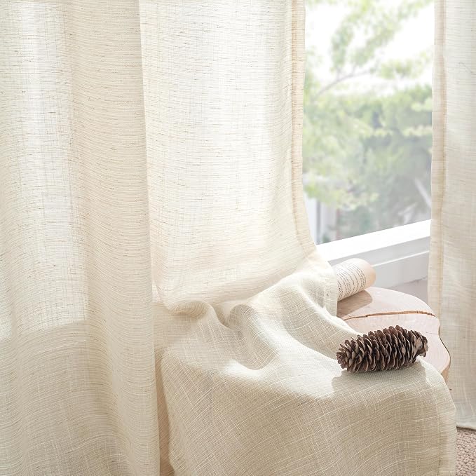 BGment Beige Linen Semi Sheer Curtains 42X40 Inch Length 2 Panels | Cream Light Filtering Drapes with Rod Pocket Textured for Bathroom Kitchen Window Over Sink