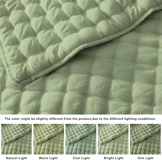 WDCOZY Sage Green Cloud Quilt Set Twin Size, Lightweight Soft Cross Stitch Bedspread, Farmhouse Rustic Country Coverlet, Spring Summer Thin Comforter, 2 Pieces, 1 Pillow Sham, 68x90 inches