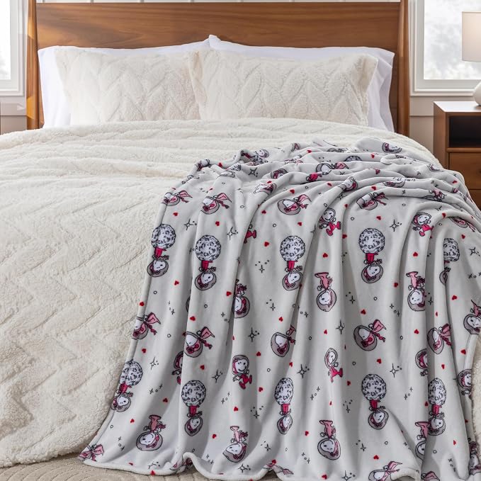 Berkshire Peanuts® VelvetLoft® Cute Character Snoopy Plush Throw Blanket,Over the Moon for You Light Grey,Throw 55 in x 70 in (Official Peanuts® Product)