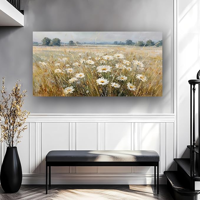 Abstract White Flower Landscape Picture Canvas Art Hanging Living Room Dining Room and bedroom,Grassland scenery Wall Art Prints Modern Style Artwork Waterproof Ready to Hang - 20x40 Inch