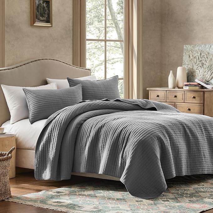 WDCOZY 100% Cotton King Size Quilt Set - Grey Striped Pick Stitch Soft Lightweight Bedspread, Textured Like Linen, Farmhouse Country Rustic Coverlet, Shabby Chic Gauze Bedding, 3 Pieces