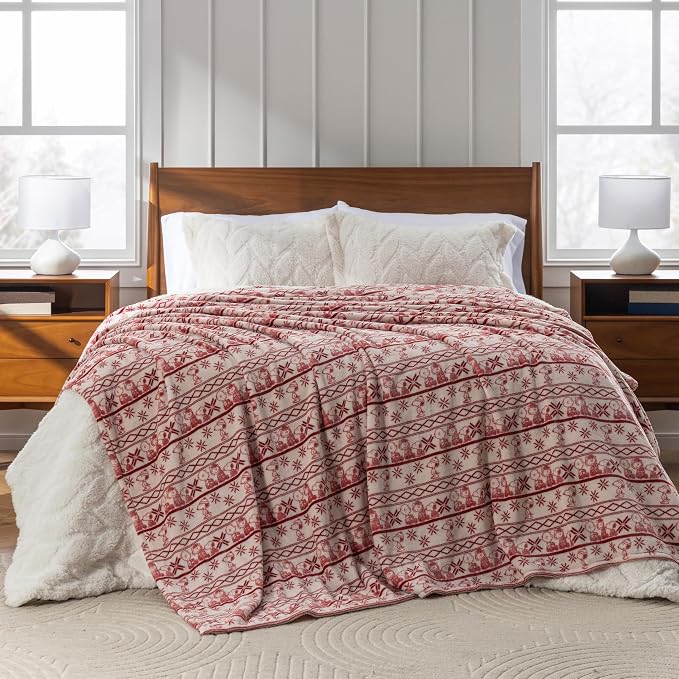 Berkshire Peanuts® VelvetLoft® Cute Character Snoopy Plush Blanket,Cozy Fairisle Crimson Neutral,Twin 60 in x 90 in (Official Peanuts® Product)