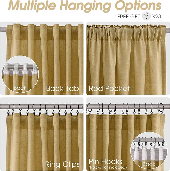 Linen Curtains 96 Inches Long for Living Room Back Tab Semi Sheer Floor to Ceiling 8ft Light Filtering Curtain Boho Farmhouse Decor Window Drapes for Bedroom 52x96 2 Panels Gold