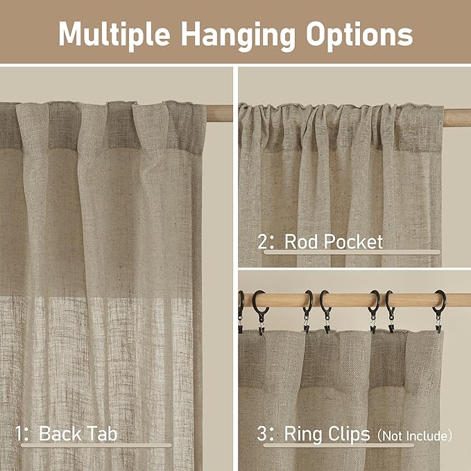 Linen Curtains 48 Inch Length Semi Sheer Light Filtering 2 Panels | Linen Textured Panels, Country Decor, Kitchen, Window, Loft Room, Bedroom, Rod Pocket Back Tab, 34 x 48 Inch, Taupe