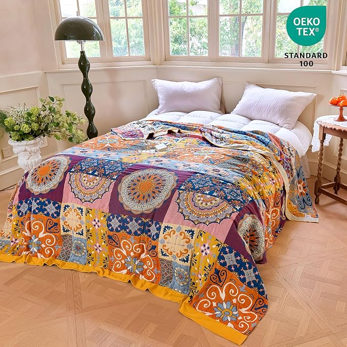 MSGKV Boho Throw Blanket 90"x108" 100% Cotton Roman Muslin King Blanket | 100% Cotton Muslin, King Size Throw Blanket, Soft & Breathable, Lightweight Comfort, Bedroom Home Accent, Machine Washable