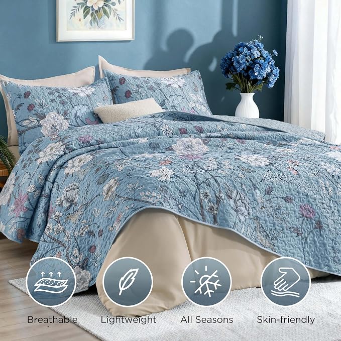 Litanika Floral Light Blue Quilt - 3Pcs Botanical Birds Bedding Set | Bedspread Summer Lightweight Soft Coverlet with White Flower for All Seasons (112"x104")