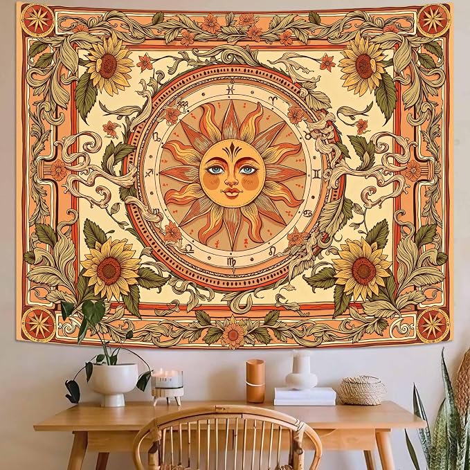 Accnicc Yellow Sun Tapestry Boho Floral Sunflower Plant Wall Tapestry for Bedroom Aesthetic Vintage Flower Celestial Small Tapestries Wall Hanging for Dorm Living Room Decor 60 x 44 Inch