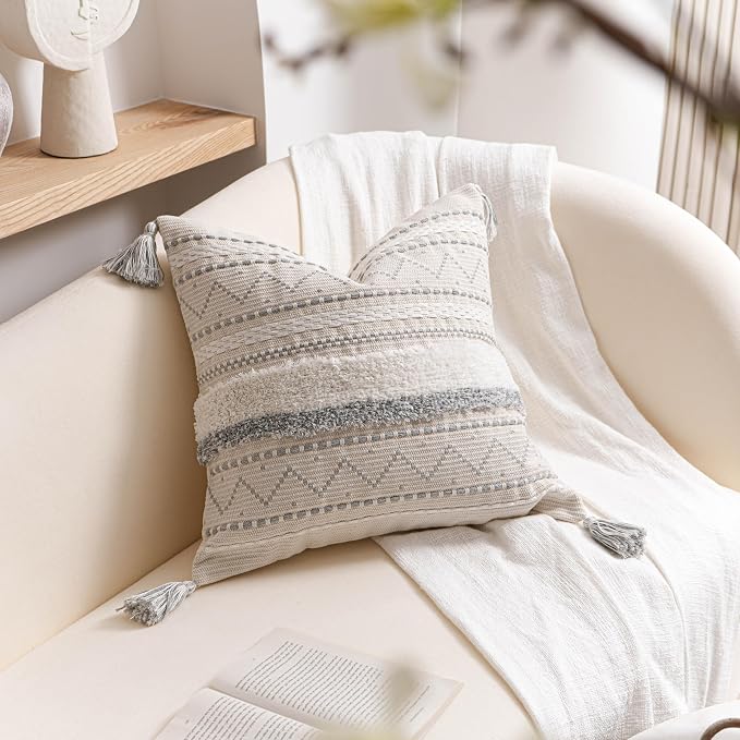 BlissBlush 18X18 Throw Pillow Cover, Cream Neutral Square Decorative Cushion Cover with Gray Pattern, Boho Accent Pillowcase with Tufted Details and Tassels for Couch Sofa Living Room (Cover Only)