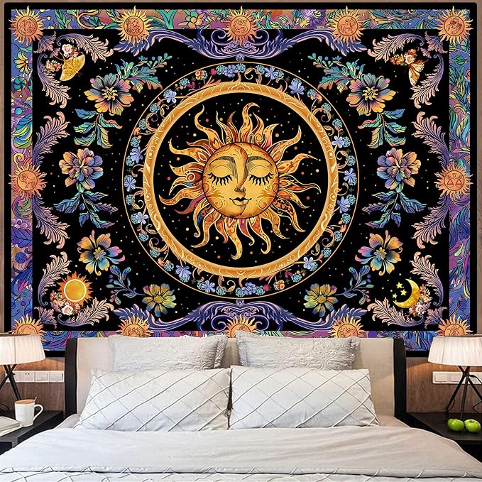 Accnicc Sun and Moon Tapestry Psychedelic Floral Plant Tapestries for Bedroom Aesthetic Hippie Boho Flower Tapestry Wall Hanging for Dorm Living Room (48'' × 36'')