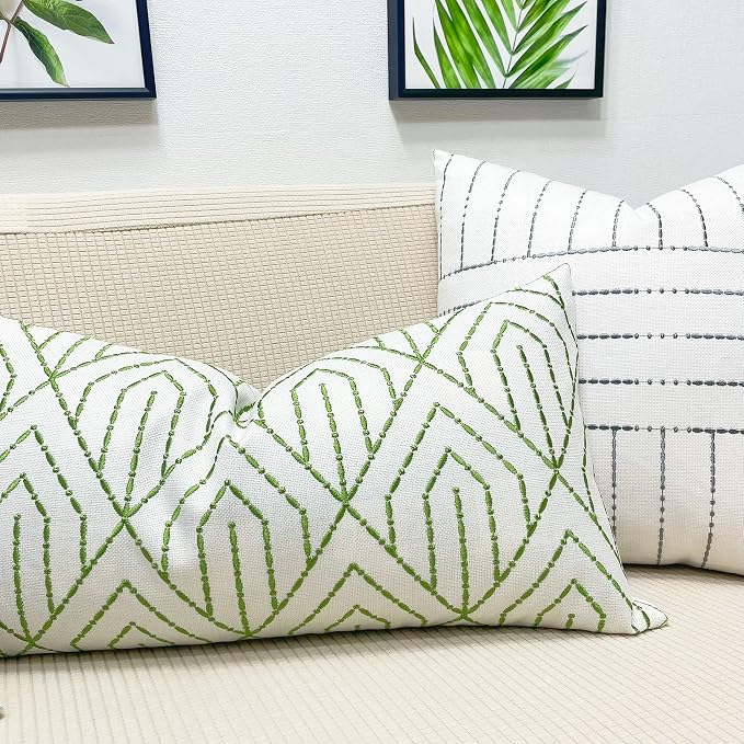 Slow Cow Linen Embroidery Decorative Lumbar Throw Pillow Cover Rectangular Pillowcase Cushion Cover for Bed Couch Sofa 12 x 24 Inches Green