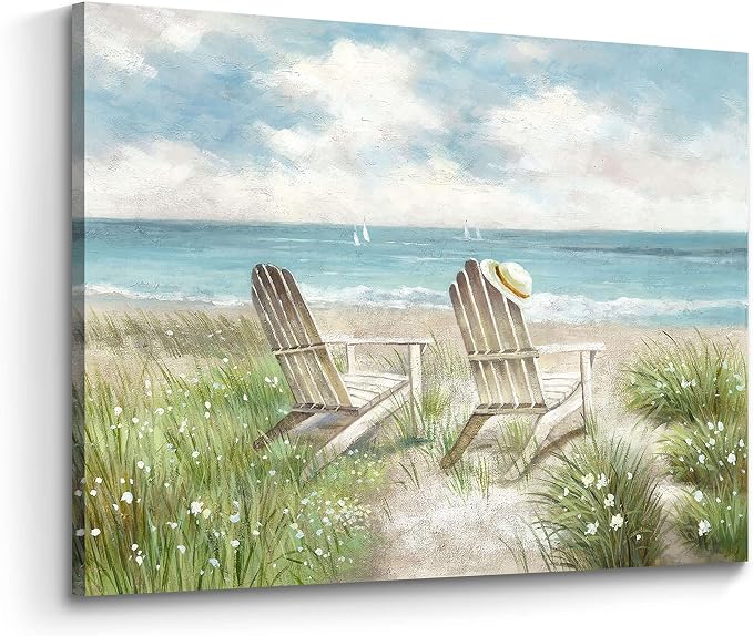 arttitue Seascape Wall Art Canvas Picture: Beach Chair Seascape Print Decor Ocean Coastal Scene Painting Seaside Sea Wave Grass Artwork for Bathroom Living Room