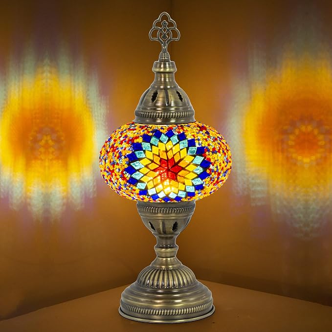 Turkish Mosaic Lamp with Bulb – Handmade Star Fire Stained Glass Table Light, Antique Bohemian Vintage Decor for Bedroom or Living Room, E12 Socket