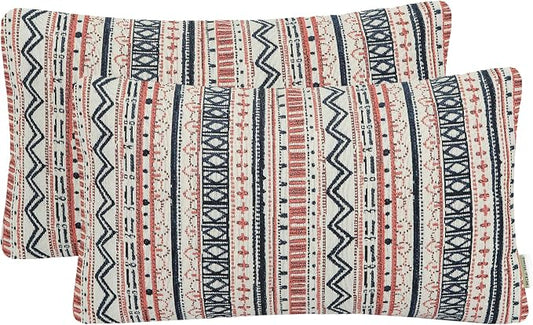 Mika Home Pack of 2 Oblong Pillow Covers, Striped,12x20 Inches, Navy Pink | Lumbar Pillow Cases for Sofa Couch Living Room, Bohemian Striped Geometric Pattern