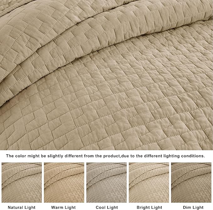 palassio Dark Beige 100% Cotton Quilt King Size Bedding Sets with 2 Pillow Shams, Textured Lightweight Soft Bedspread Shabby Chic Coverlet, Quilted Comforter Bed Cover for All Season, 3 Pieces