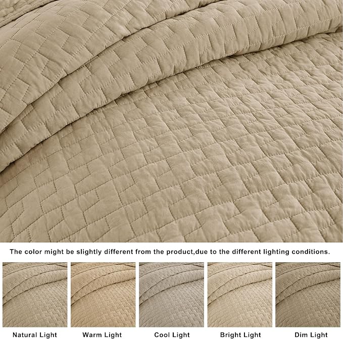 palassio Dark Beige 100% Cotton Quilt Twin Size Bedding Sets with 1 Pillow Sham, Textured Lightweight Soft Bedspread Shabby Chic Coverlet, Quilted Comforter Bed Cover for All Season, 2 Pieces