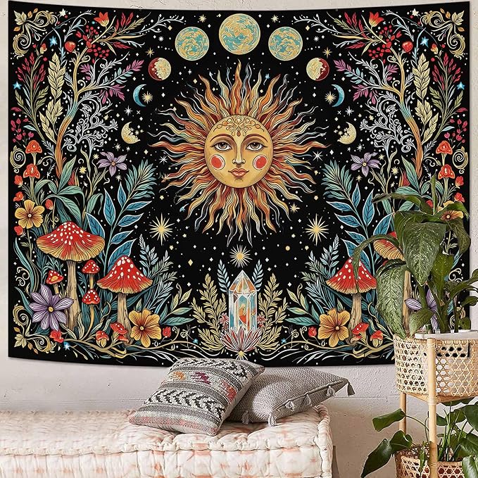 Accnicc Boho Sun and Moon Tapestry Hippie Mushroom Floral Wall Tapestry for Bedroom Aesthetic Vintage Plant Celestial Spiritual Large Tapestries Wall Hanging for Dorm Living Room Decor 80 x 60 Inch