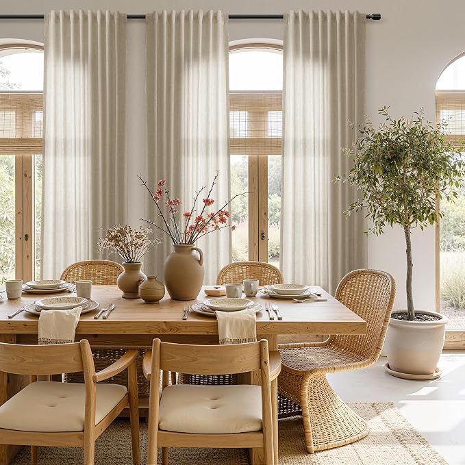 Linen Curtains 96 Inches Long for Living Room Back Tab Semi Sheer Floor to Ceiling 8ft Light Filtering Curtain Boho Farmhouse Decor Window Drapes for Bedroom 52x96 2 Panels Taupe Burlywood