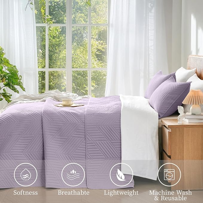 Davulos Twin Quilt Set,Lavender Lightweight Reversible Bedspread for All Seasons,Soft Modern Microfiber Geometric Coverlet for Dorm Room or Guest Bedroom(1 Quilt,1 Pillow Sham)