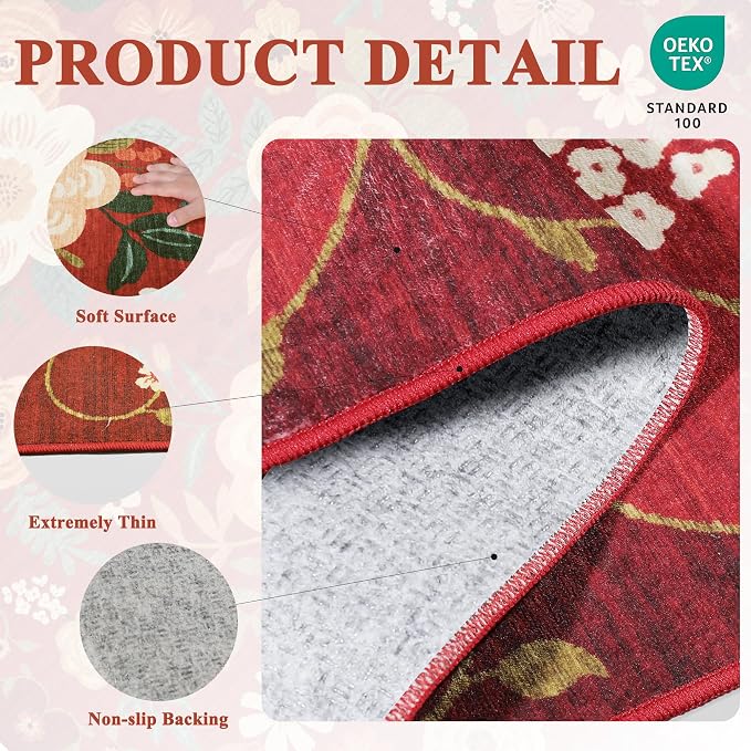 DUKINO 2x3 Entryway Rug, Floral Door Mat Soft Washable Rug Non Slip, Red | Low Pile, Non-Shedding Small Rug for Kitchen, Entrance, Bedroom, Bathroom, Pet Friendly, Stain Resistant, Modern Home Decor