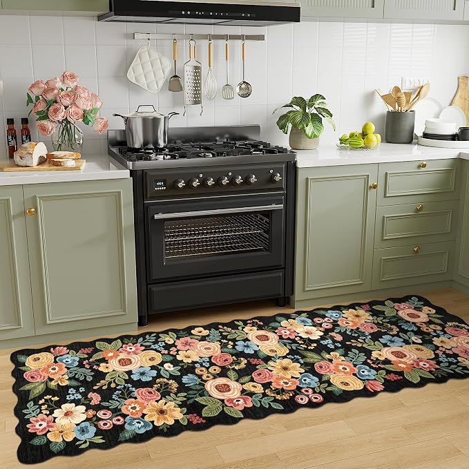 DUKINO 2.6x8 Runner Rug, Floral Washable Kitchen Rugs Non Slip, Black | Low Pile, Stain Resistant, Soft Throw Carpet Runner for Hallway, Entryway, Bedroom, Bathroom, Pet Friendly, Modern Home Decor
