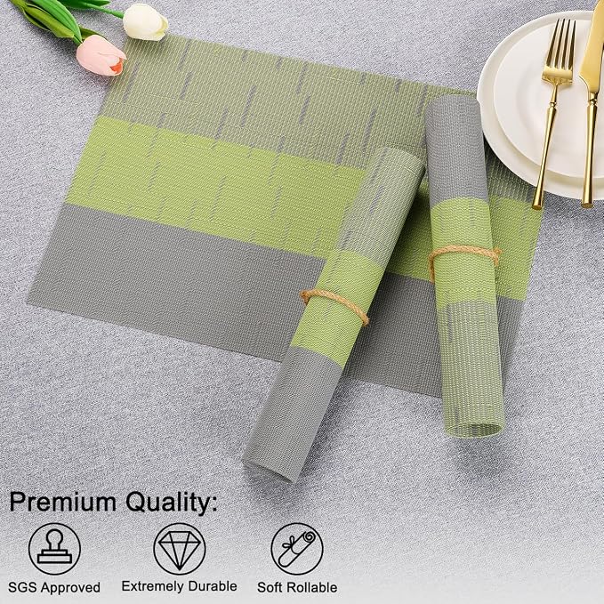 Placemats Set of 6, Vinyl Woven Heat-Resistant Place Mats | Washable Wipeable PVC Table Mats, Non Slip Placemat for Kitchen Dining Indoor Outdoor Table (Gray Grass Green, Set of 6)