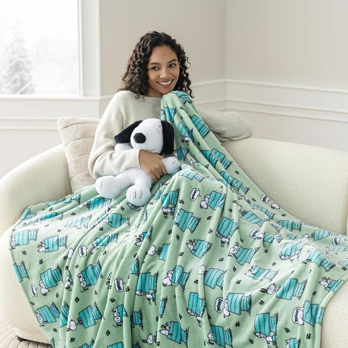 Berkshire Peanuts® VelvetLoft® Cute Character Snoopy Plush Throw Blanket,Regular Snoopy Dog House Poses & Paws Closed in Sage,Throw 55 in x 70 in (Official Peanuts® Product)