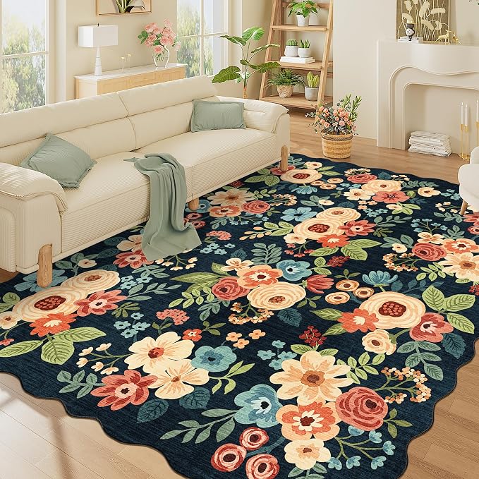 DUKINO 8x10 Area Rug for Living Room, Soft Floral Washable Rug, Navy Blue | Soft, Low Pile, Stain Resistant Throw Large Rug for Bedroom, Dining Room, Nursery, Kids Playroom, Pet Friendly, Home Decor