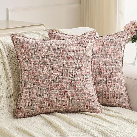 FUTEI Pack of 2 Chenille Tweed Vintage Throw Pillow Covers 16x16 Inch Soft Decorative Cushion Case Modern Farmhouse Accent for Couch Bed Living Room, Blush