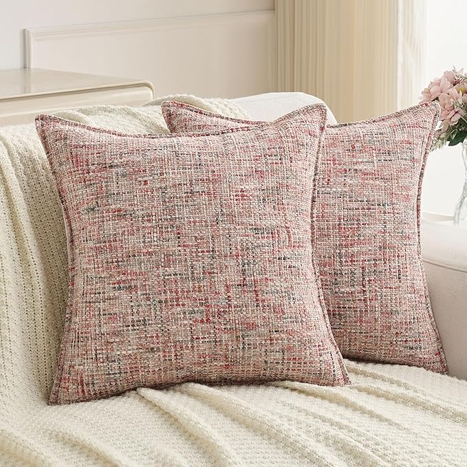 FUTEI Pack of 2 Chenille Tweed Vintage Throw Pillow Covers 22x22 Inch Soft Decorative Cushion Case Modern Farmhouse Accent for Couch Bed Living Room, Blush