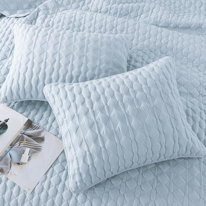 WDCOZY Light Blue Quilts Queen Size Bedding Set with 2 Pillow Shams, Lightweight Soft Full Bedspread Coverlet, Thin Comforter Bed Cover for All Season, 3 Pieces, 90x90 inches