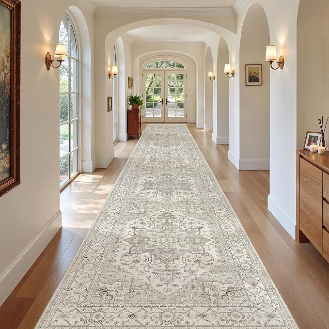 Madane Hallway Runner Rug 3x20 Washable Kitchen Runners 20ft, Beige/Brown | Vintage Non Slip Extra Long Area Rugs , Soft Low-Pile Farmhouse Wide Floor Carpet for Corridor Entryway Bathroom Bedroom