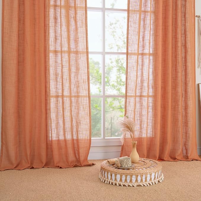 95 Inches Long Linen Curtains for Living Room, Semi Sheer Panels | Light Filtering, Privacy, Drapes for Bedroom, Dining Room, Rod Pocket Back Tab, Burnt Orange, Set of 2, 52 x 95 Inch