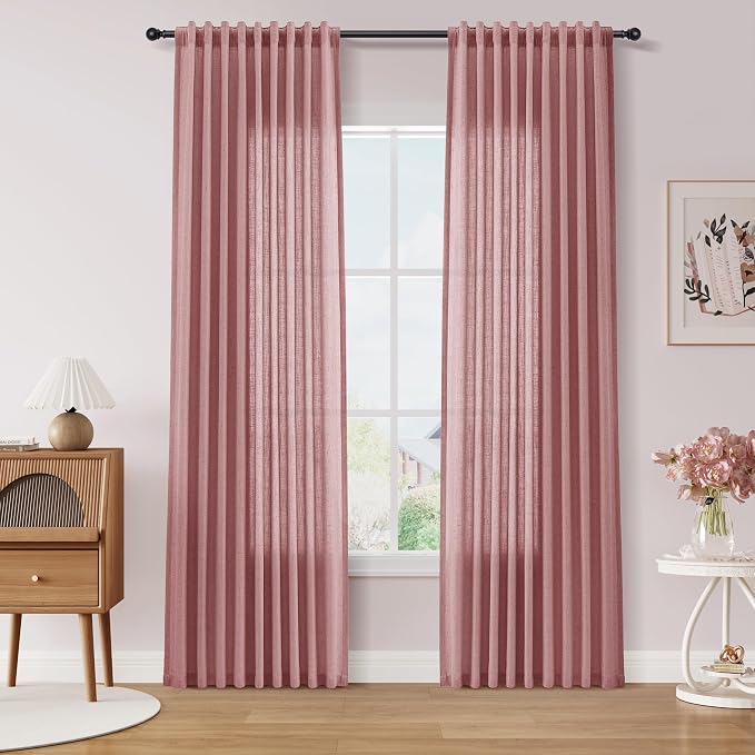 Linen Curtains 84 Inches Long for Living Room Semi Sheer Light Filtering Curtain Back Tab Rod Pocket Neutral Boho Modern Farmhouse Decor Window Drapes for Bedroom 52x84 2 Panels Canyon Rose